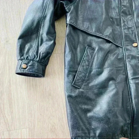 VINTAGE BLACK LEATHER FUR WINTER  WOMAN COAT SIZE XS - Picture 14 of 16